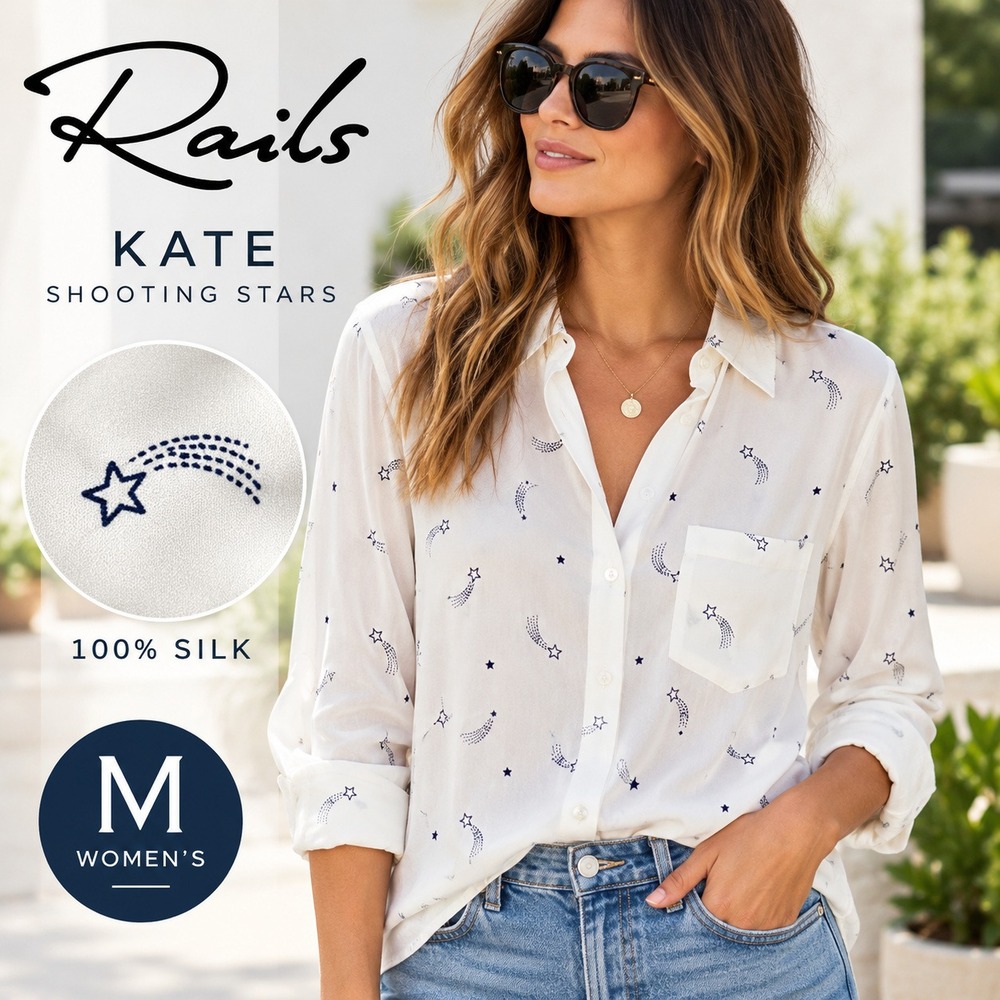 Rails Silk Kate Shooting Stars Shirt Women M White Button Down Blouse Celestial